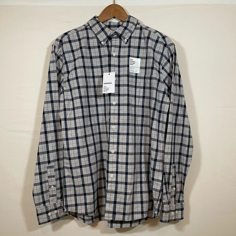 NWT Men’s Sonoma Button Up Shirt Long Sleeve Navy/Gray Plaid Size M